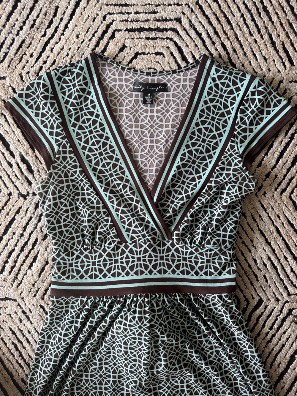 Geometric Mint & Brown V-Neck Dress - Picture 3 of 7